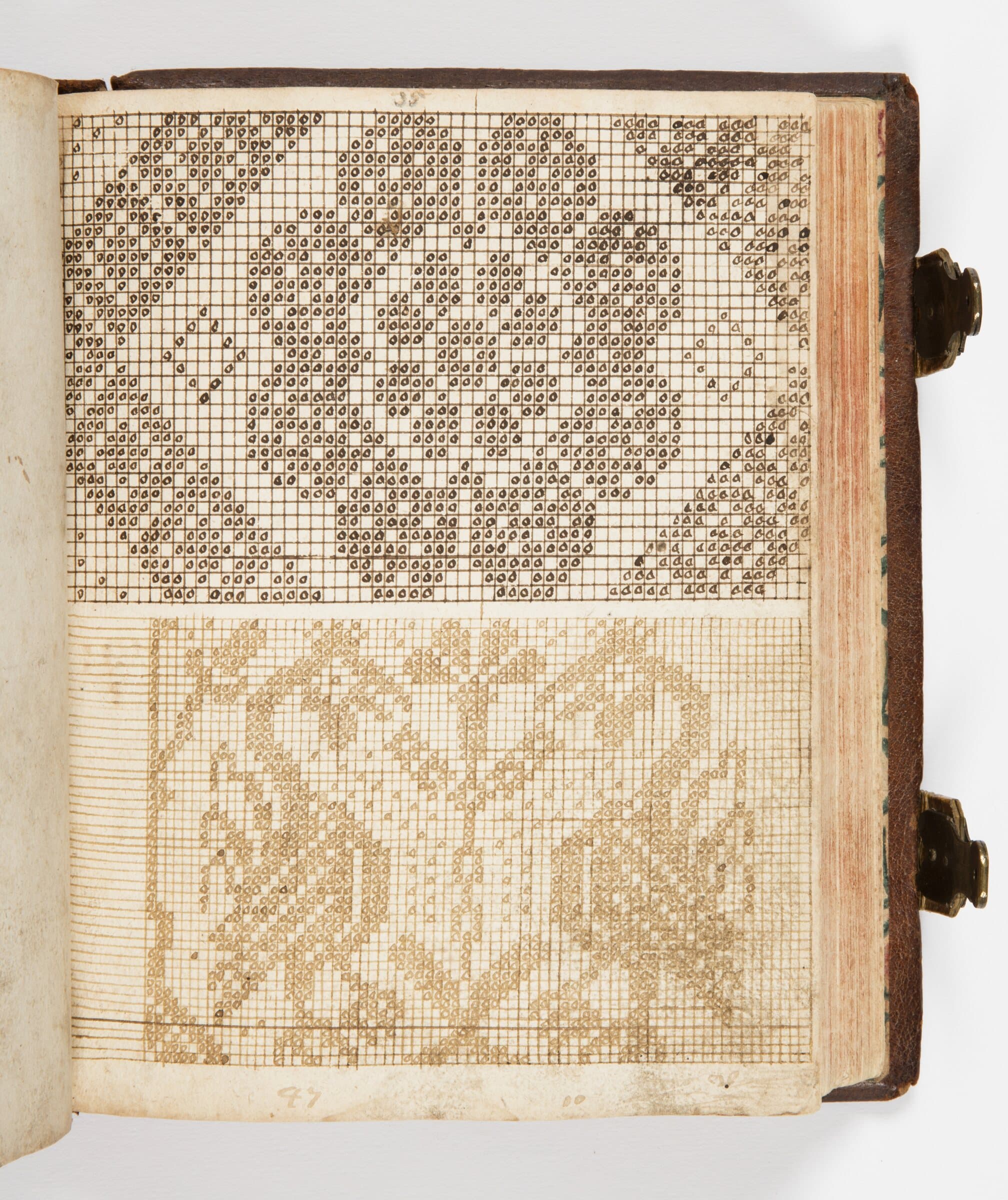 Open pattern book from Germany, 1760, showing a weaving draft drawn in ink on a fine grid.