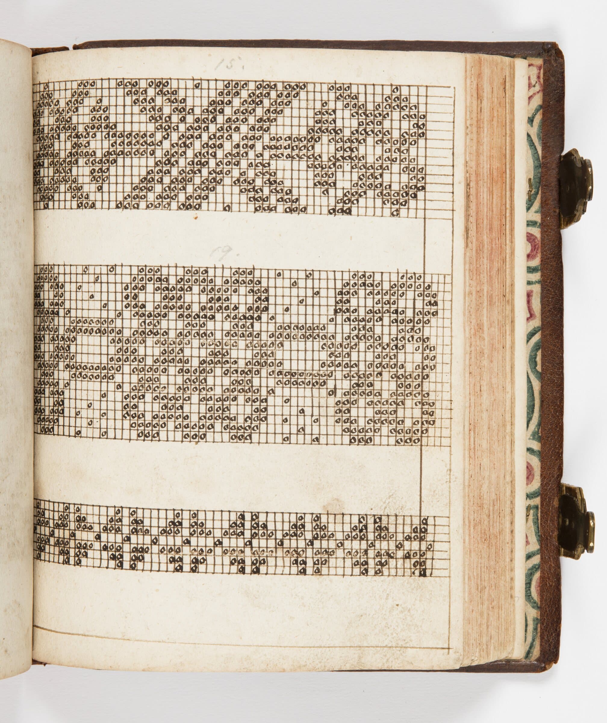Pattern book from Germany, 1760, showing bands of ink-drawn weaving drafts across a gridded page.