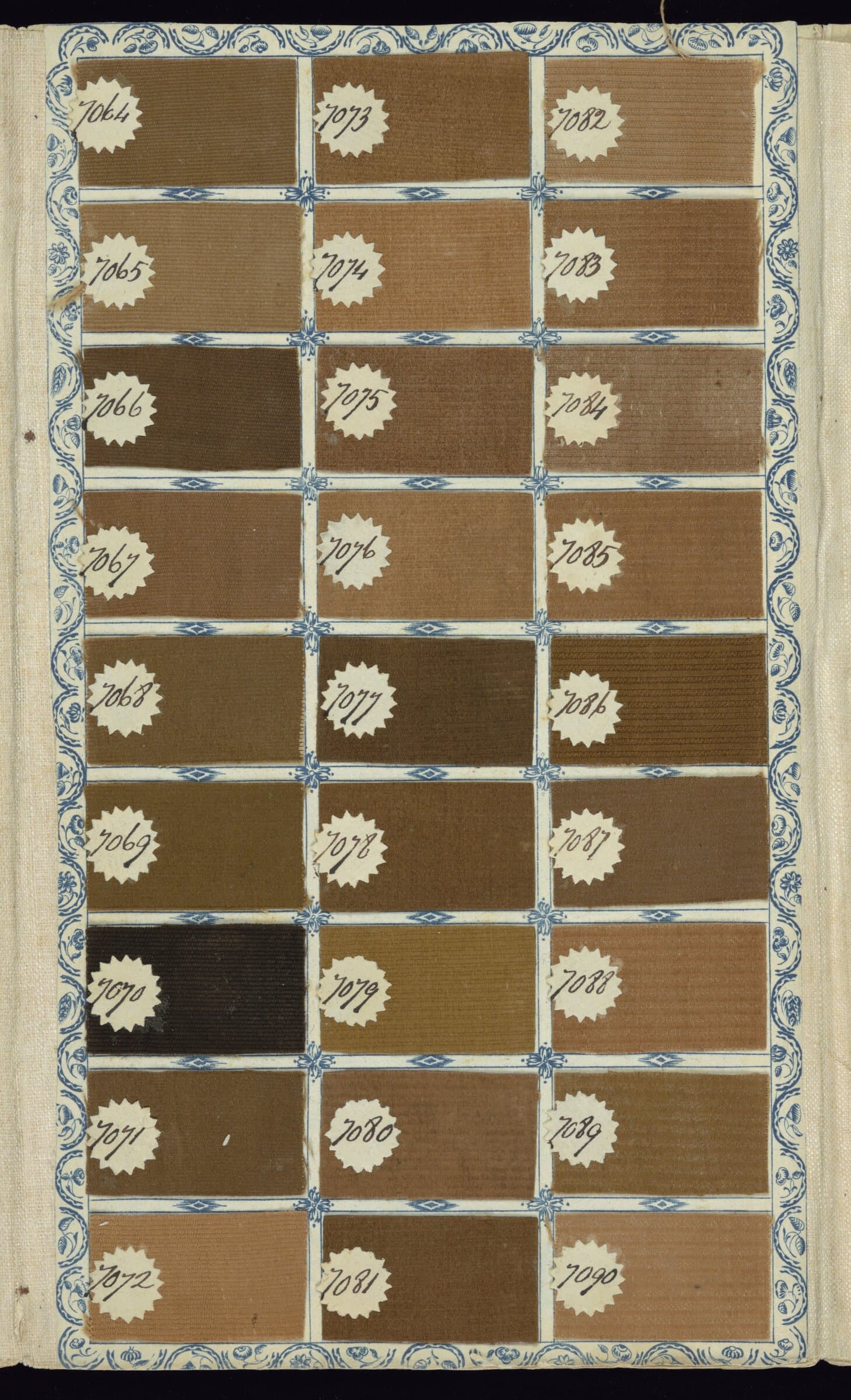 Second page from the 1784 English salesman's sample book, olive and brown wool swatches in a bordered grid.